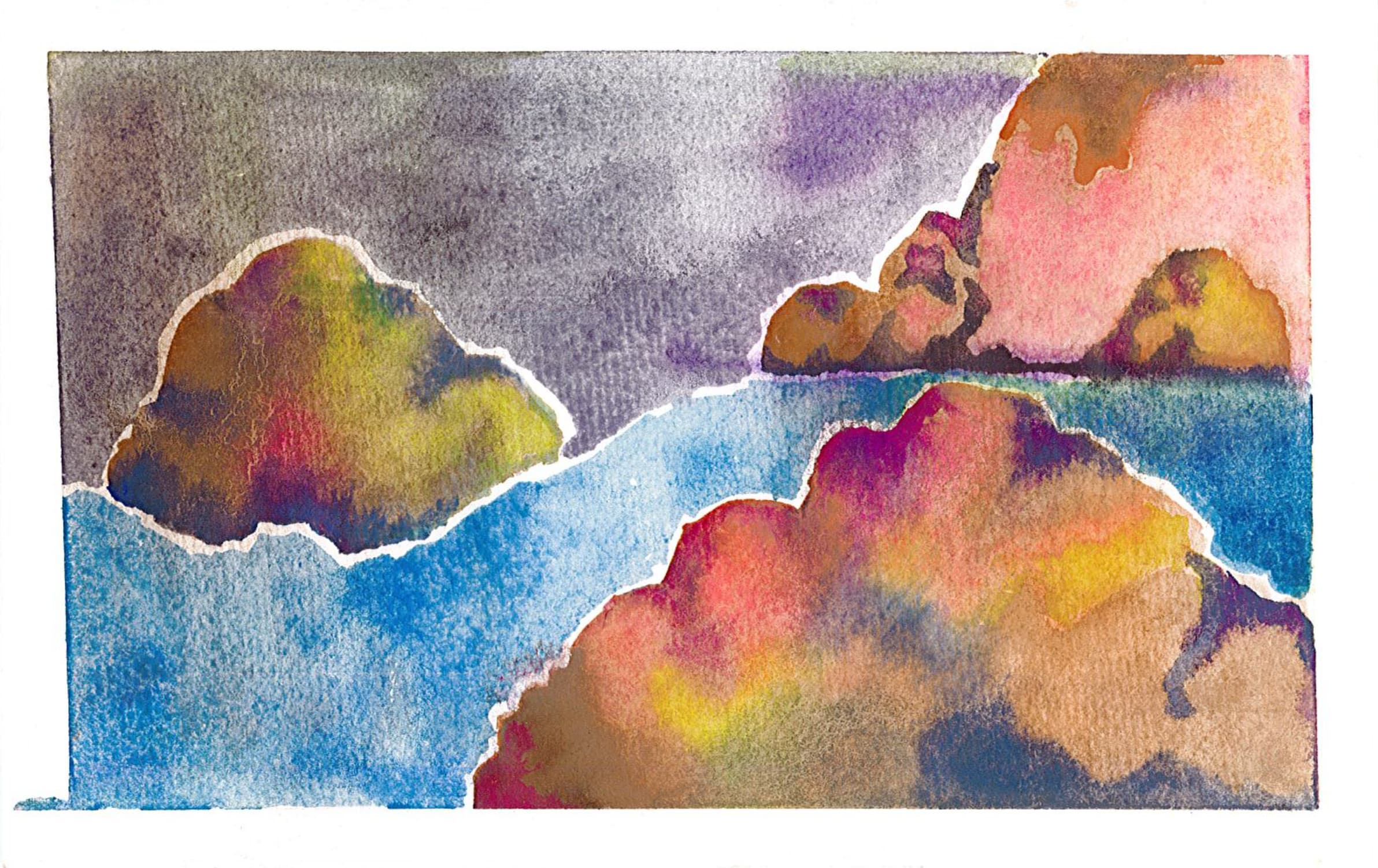 An abstract watercolor painting
of three large rocks with neon and multi-color accents and a purple and blue background.