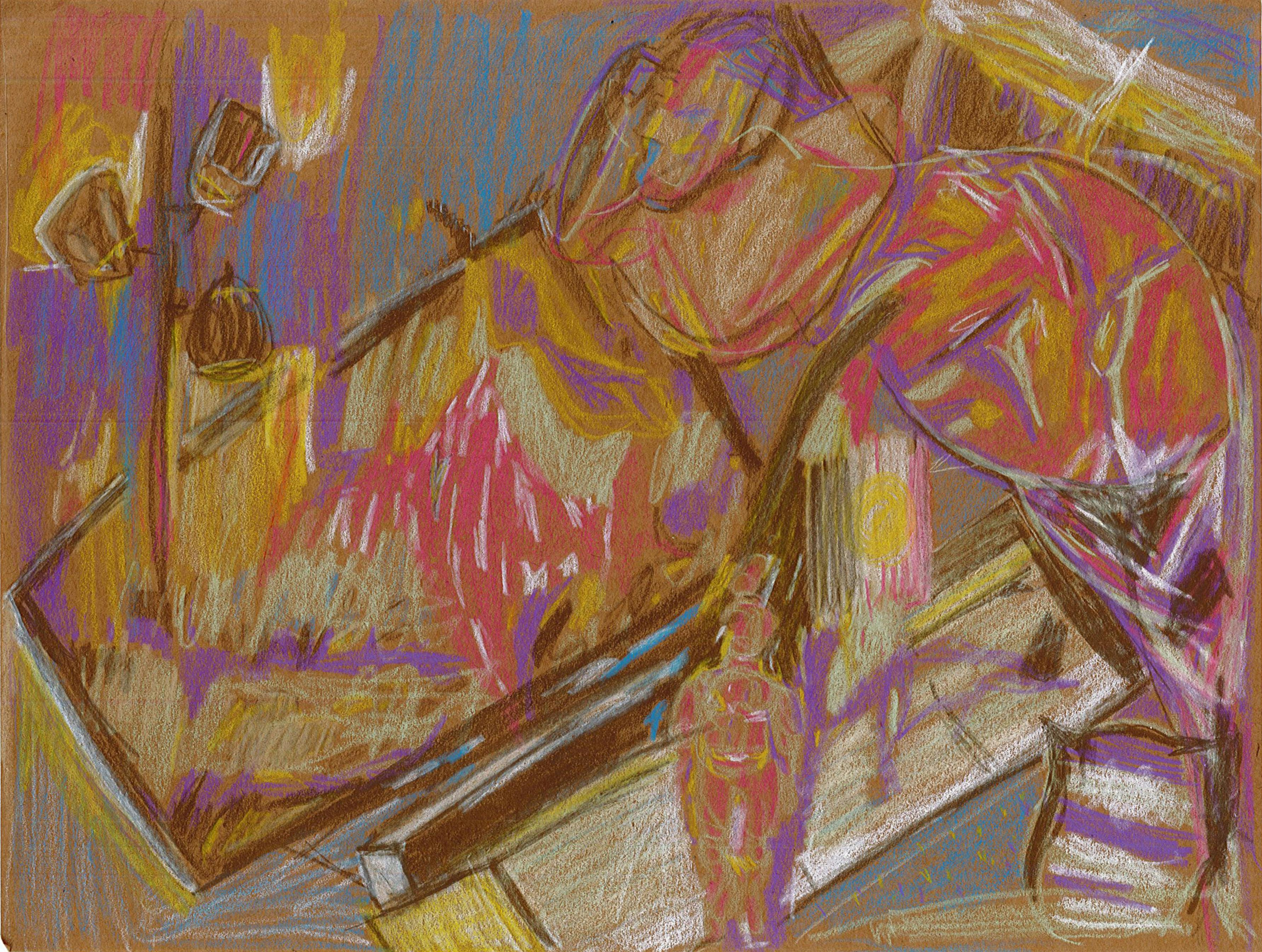 An abstract drawing of a man
watching TV done in colored pencil on craft paper with prominent pink, purple, yellow, and blue accents.